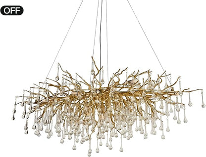 Modern Crystal Rectangular Chandelier for Dining Room, 47.24inch Gold Branch Lighting Raindrop Large Kitchen Island Hanging Light Fixture for High Ceiling Living Room Bedroom Foyer