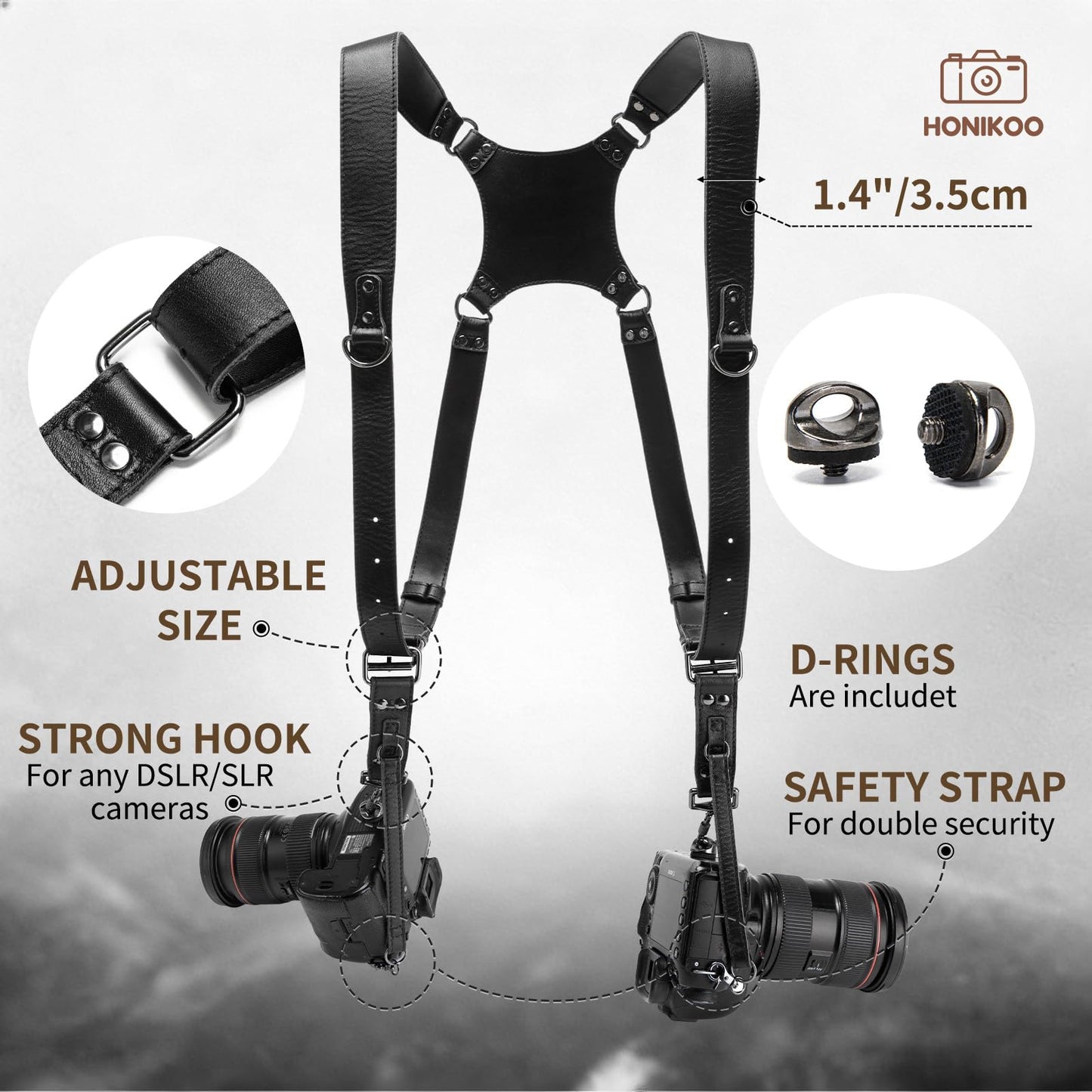 Honikoo Dual Camera Harness for 2 Cameras Leather Camera Shoulder Strap for DSLR/SLR Camera Straps for Photographers Camera Gear