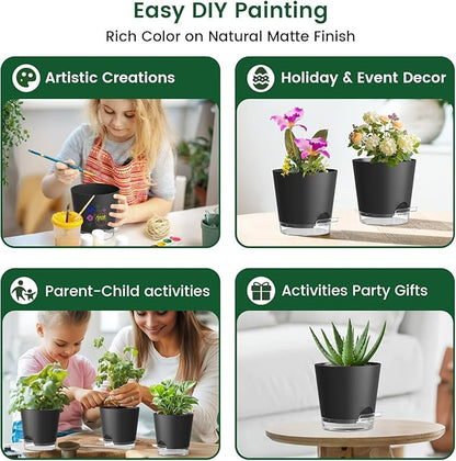 6 inch Self Watering Pots for Indoor Outdoor Plants, 3 Pack Flower Plant Pots with Drainage Holes and Clear Reservoirs, Visible Water Level, Plastic Planters with Wicking Rope, Black