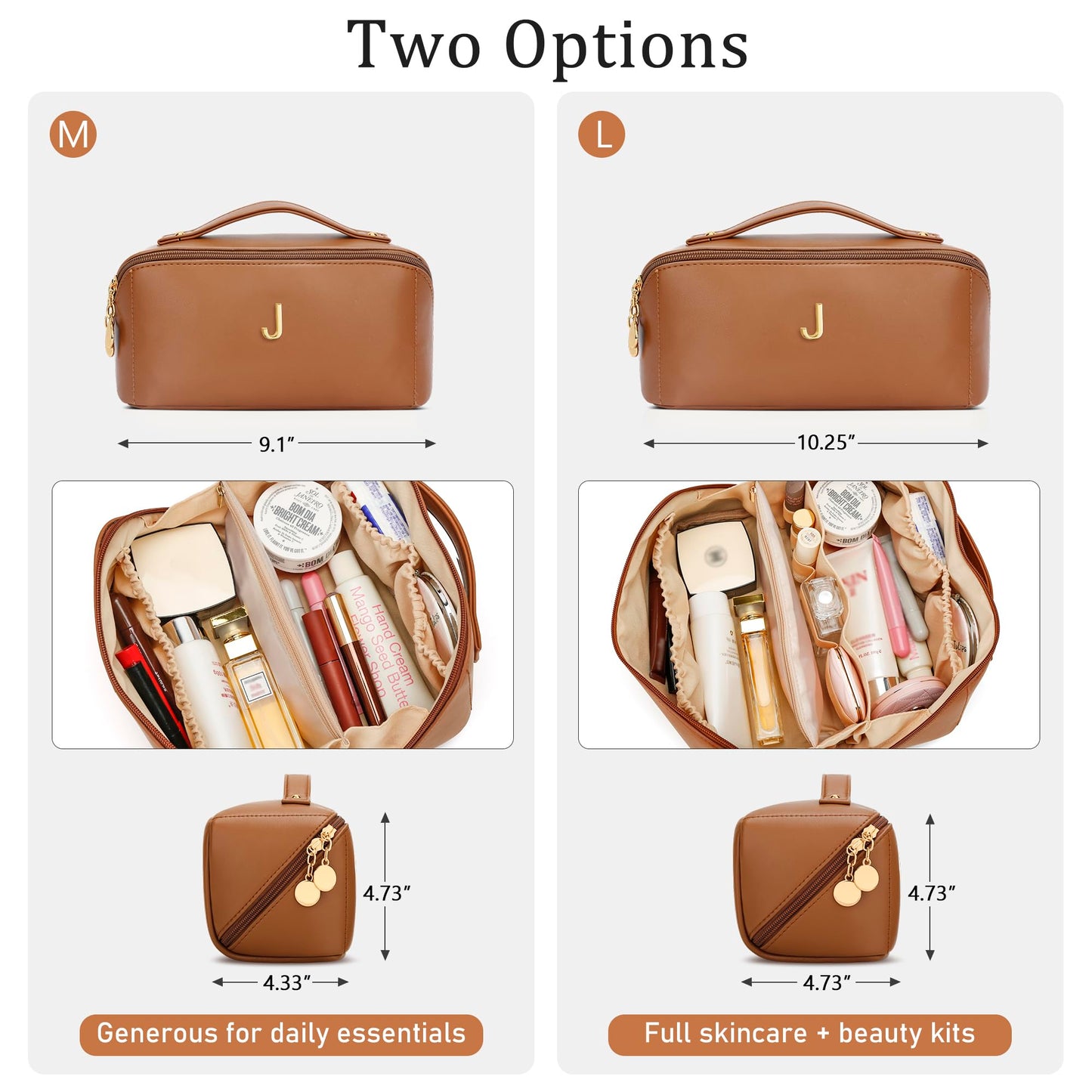 CLOUDWINGS Initial Makeup Bag Gifts for Women Bridesmaid Gifts Travel Toiletry Personalized PU Leather Waterproof Cosmetic Bag (Large-Brown-J)