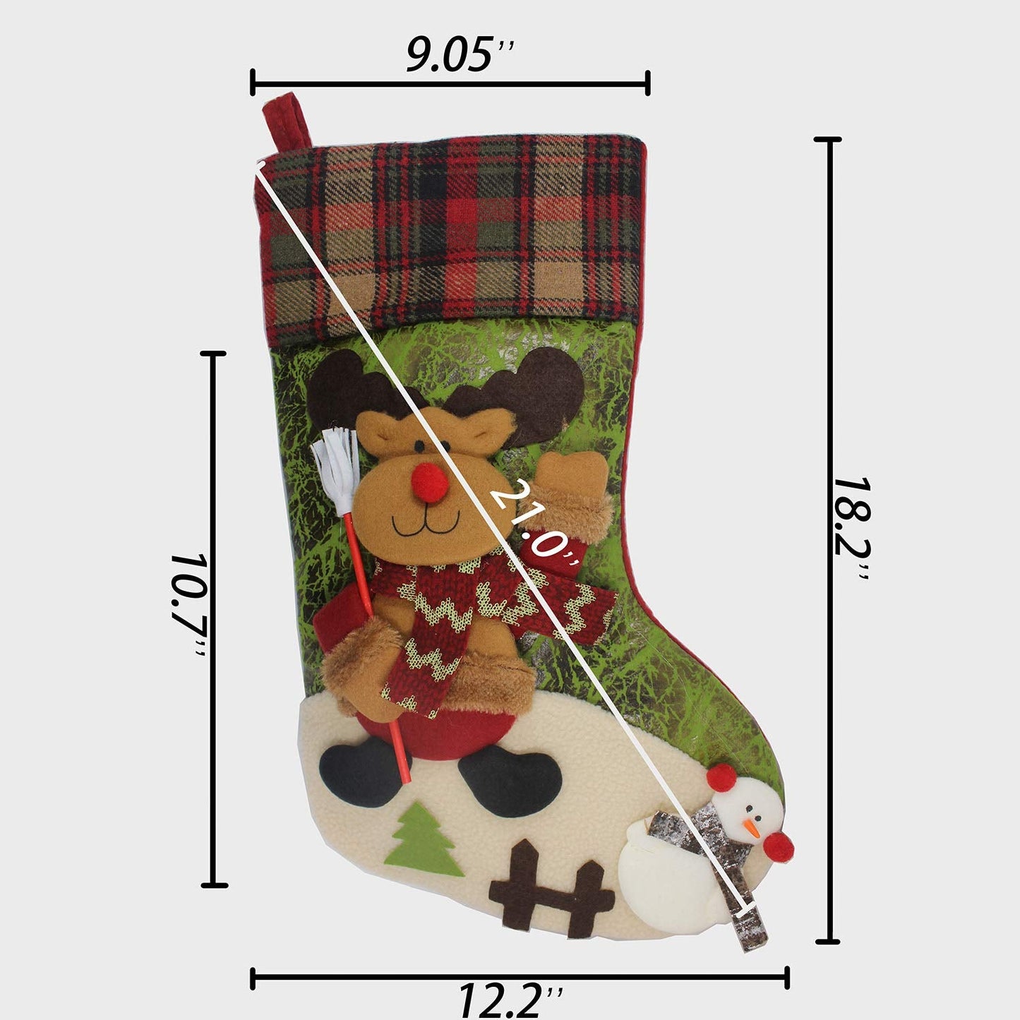 ETERAMUS 21 inch Plaid Christmas Stockings Deer, Bear, Animal One Piece, Felt Large Plush 3D Reindeer Snowman Design Hanging Stocking for Girls Boys Xmas Tree Mantel Party Decor (Green)