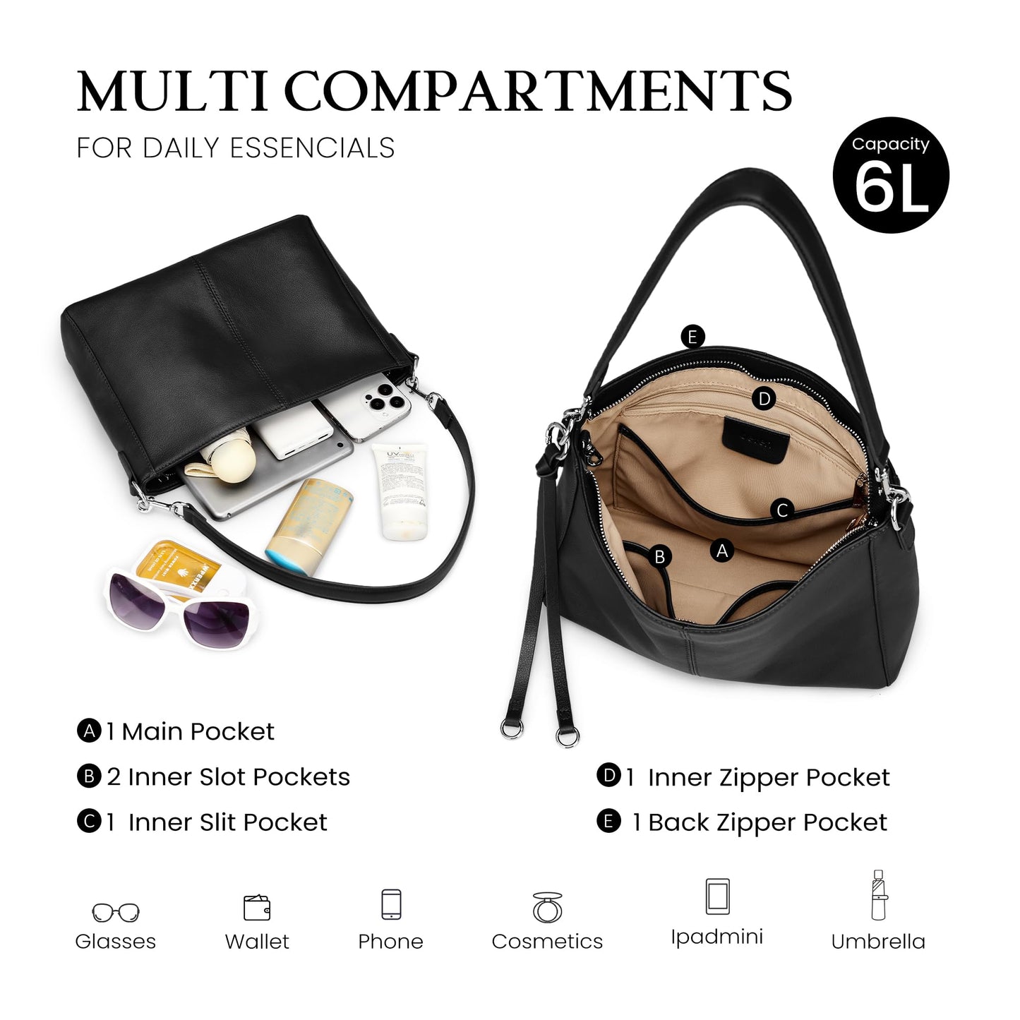 befen Genuine Leather Hobo Bag for Women, Lightweight Crossbody Shoulder Purse with Anti-Theft Clip, Soft Leather Shoulder Handbags with 3 Zippers Pockets for Travel with Adjustable Strap, Black