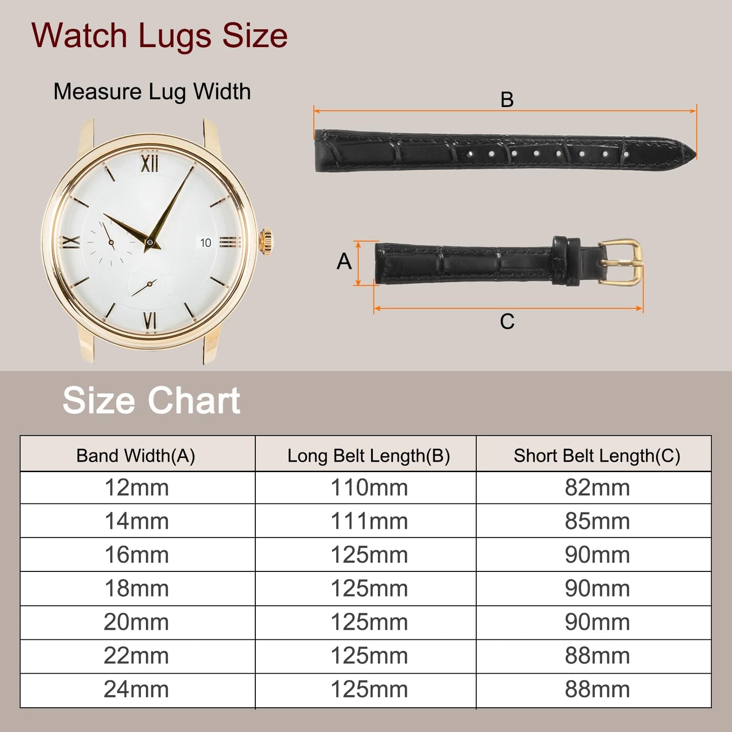 uxcell Leather Watch Band 12mm Embossed Pattern Cowhide Watch Strap Replacement with Spring Bars for Men and Women, Black Gold