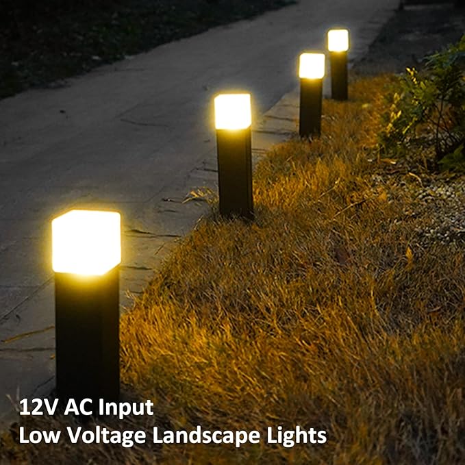 GOODSMANN 8PK Bollard Landscape Lighting Kit 2W LED Low Voltage Square Pathway Lights 100 Lumen 2700K Warm White Outdoor Hardwired Walkway Lights Brown Finish Path Lights with Connectors Metal Stakes
