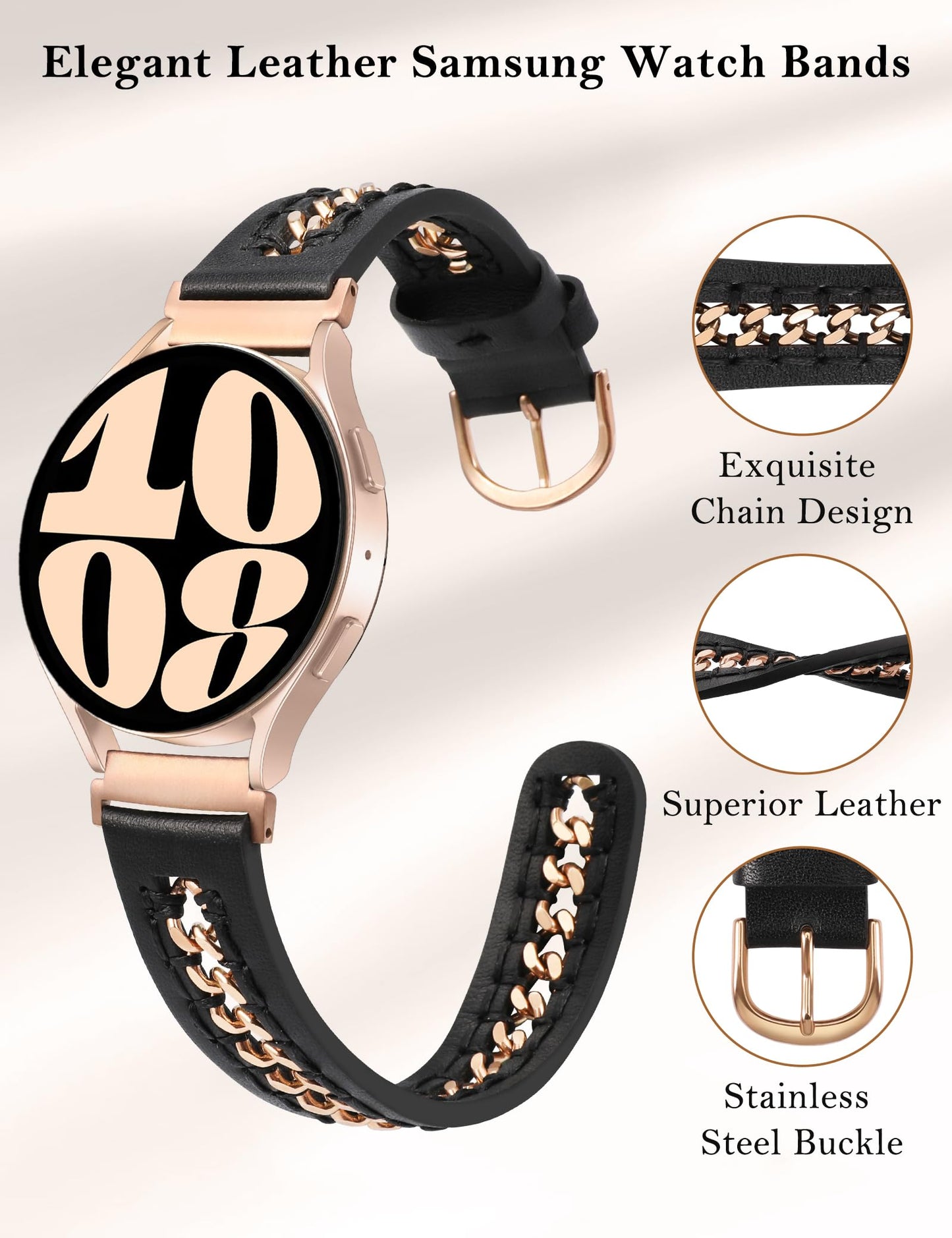 Minyee Leather Band Compatible with Samsung Galaxy Watch 7/6/5/4/FE/Active 2 40mm 44mm/Watch 6 Classic 43mm 47mm/Watch 5 Pro 45mm Bands, 20mm Dressy Leather Strap with Metal Chain, Black/Rose Gold