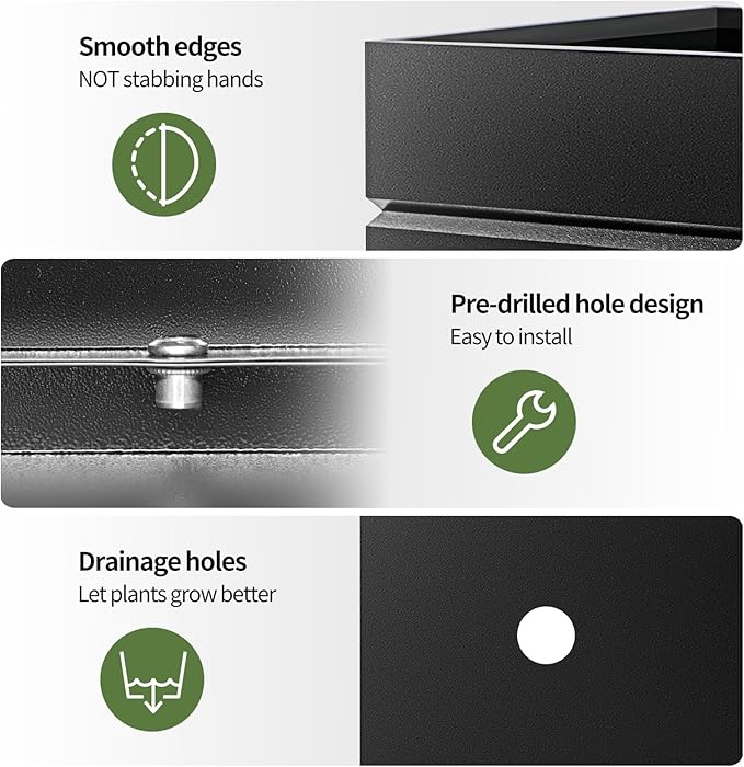 Metal Rectangular Planter Box, Powder Coating Steel Large Planters 35" L x 12" W x 26" H with Drainage Hole, Indoor Outdoor All-Weather Use for Home, Porch, Patio, Garden(Black)