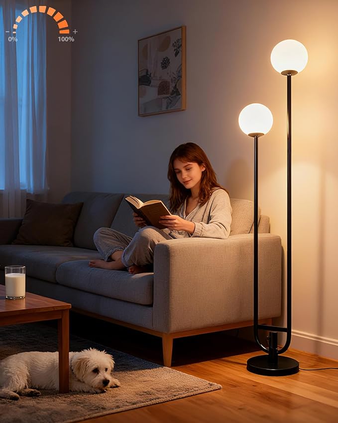 Lightdot 63IN Globe Floor Lamp with Black Candle Holder Style Modern Mid Century Standing Lamps with 2 Globe 3000K Warm Bulbs Included Unique Vintage Tall Floor Lamp for Lving Room