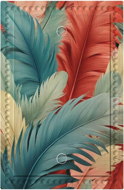 Colorful Feathers Blue Red Light Switch Covers No Device Wall Plate 1 Gang Decorative Blank Switchplate Electrical Faceplate for Country Living Bedroom Decor