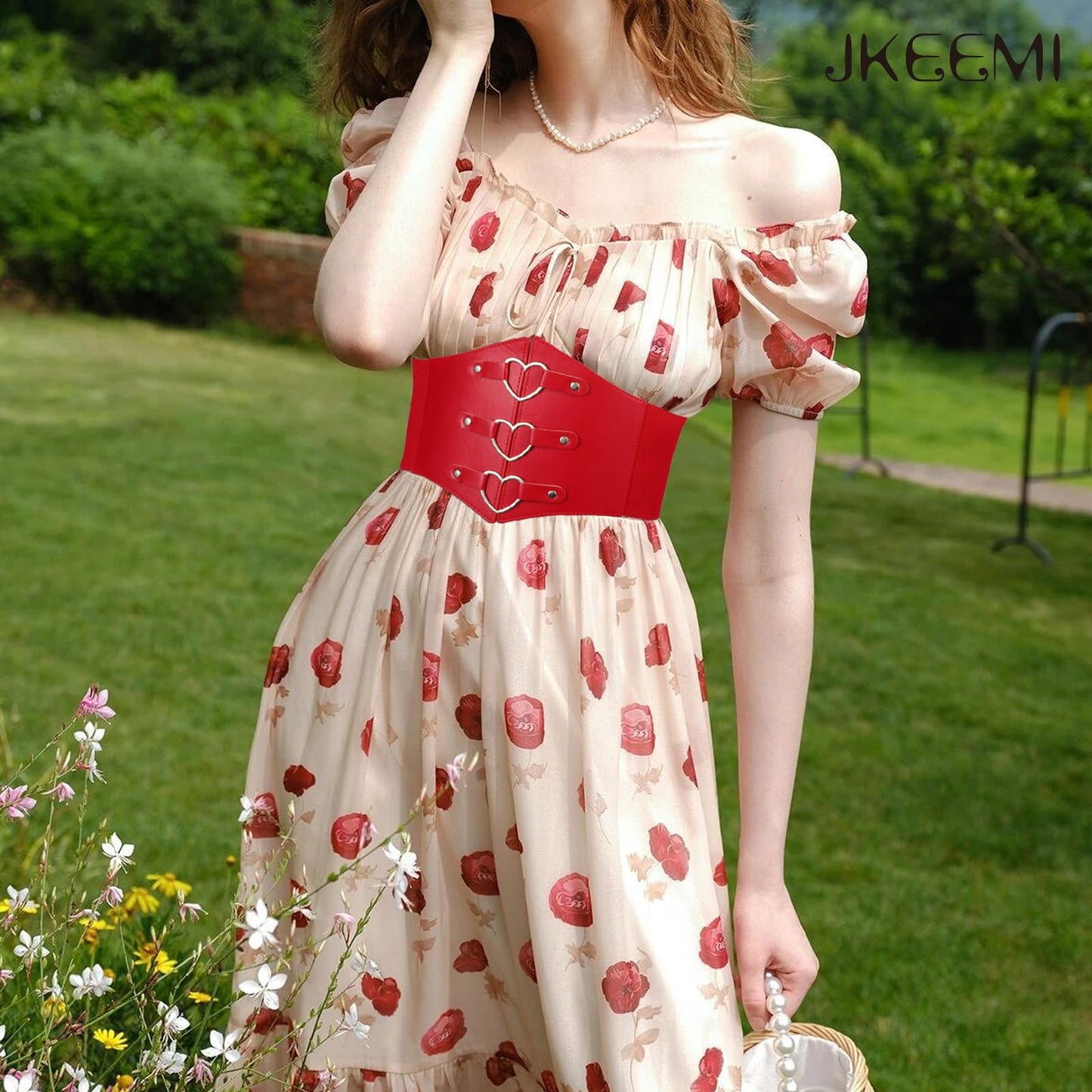 JKEEMI Women Corset Belt Metal O-Ring Heart-Ring Wide Elastic Waspie Waist Belt for Daily Cosplay Halloween Costumes