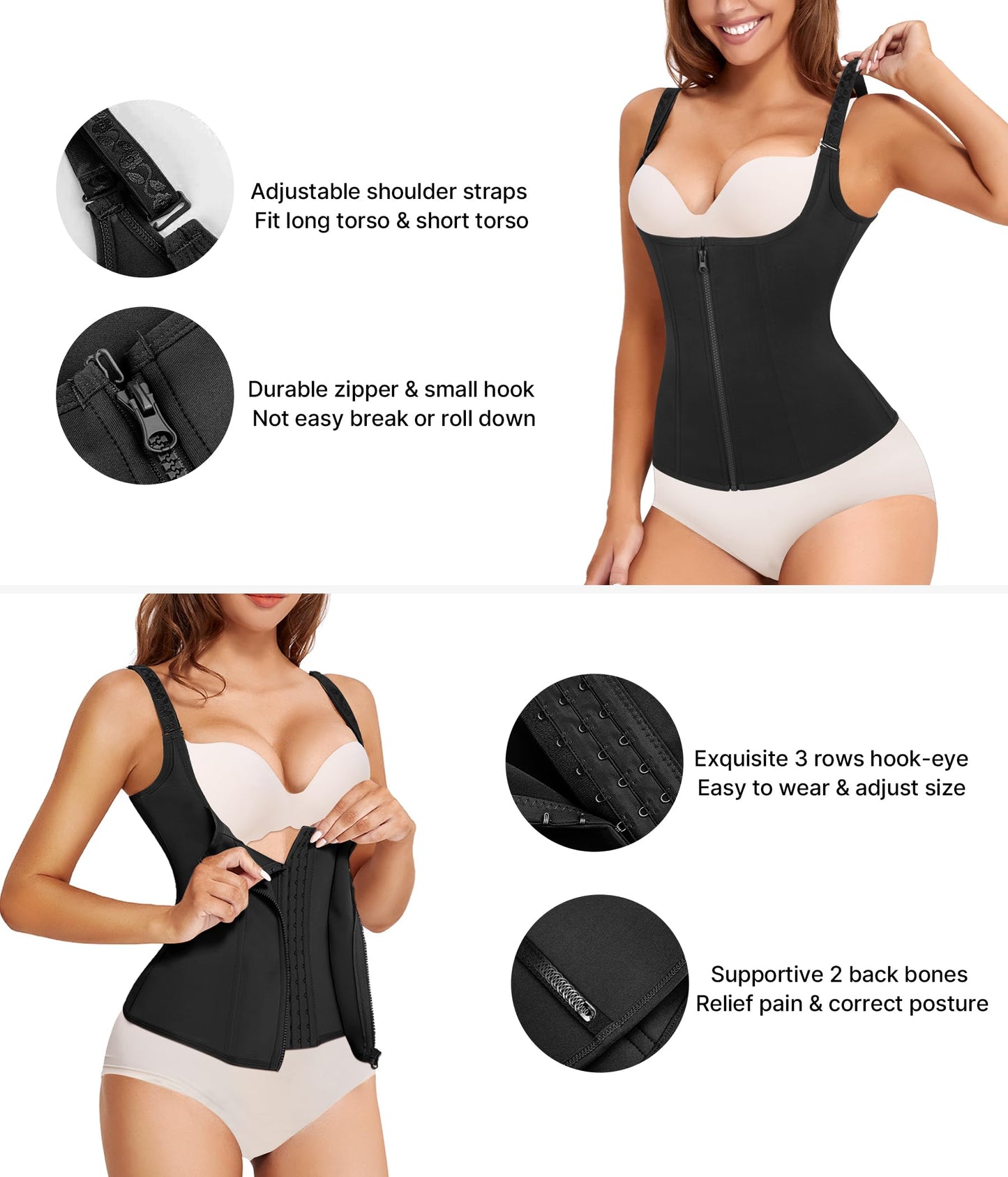 Nebility Women Waist Trainer Corset Zipper Vest Body Shaper Cincher Tank Top with Adjustable Straps (XL, Black)