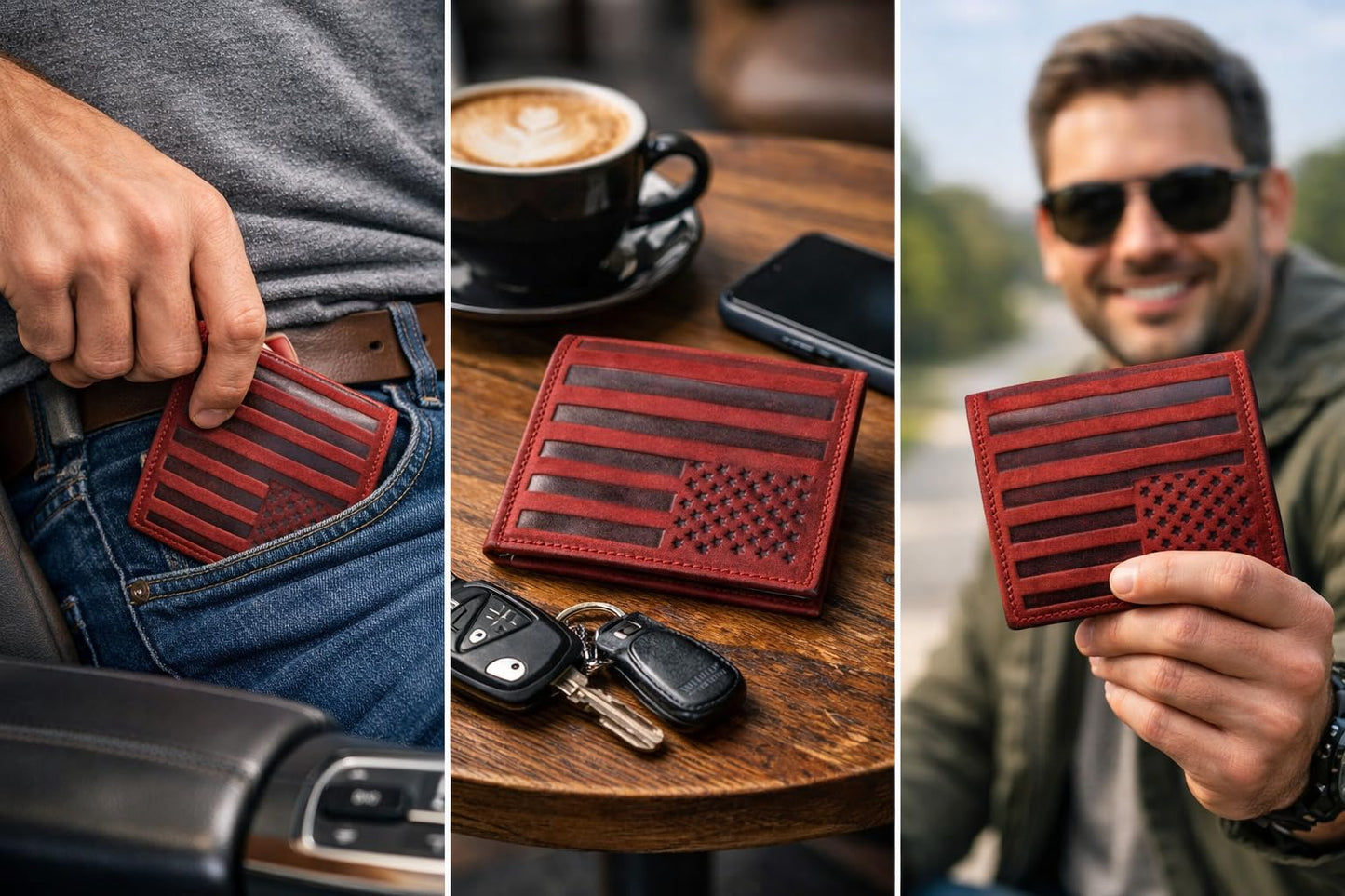 ASAD Genuine Leather Wallet for Men & Women | Compact & Spacious with 18 Card Slots, Expandable Currency Compartment & ID Window | Double-Stitched, RFID Blocking | Bordo Crazy Horse American Flag