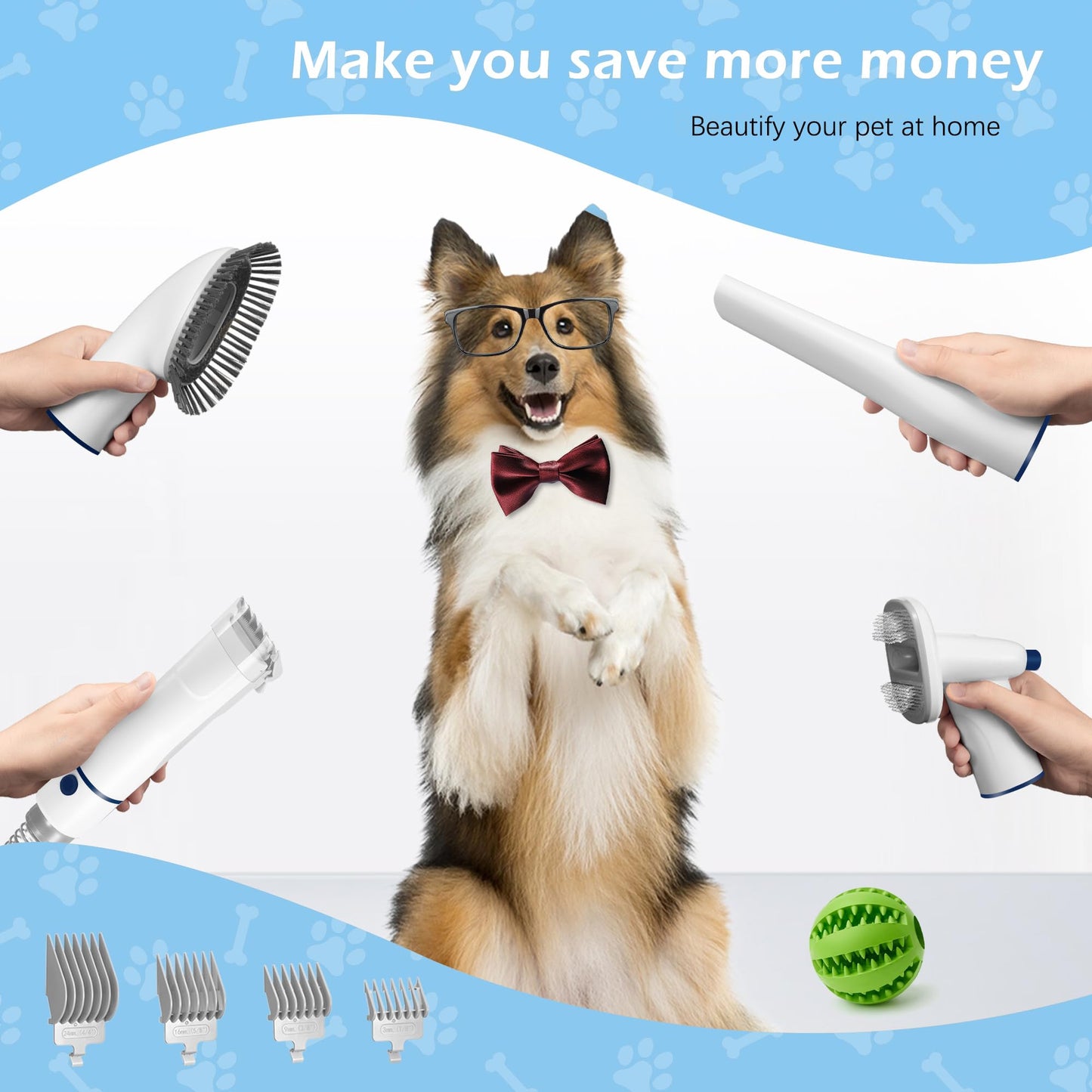 LMVVC Dog Grooming Vacuum, Pet Grooming Vacuum Kit 2.3L Suction 99% Pet Hair with 5 Tools for Dog Cat for Shedding Grooming, Low Noise (Blue & White)