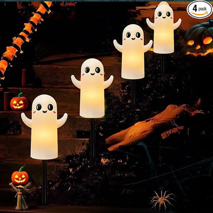 4 Pack Halloween Ghosts Pathway Marker Lights, 7Ft Outdoor Halloween Pathway String Lights with 4 White Ghost Stakes Lights, Extendable Walkway Lights Waterproof for Yard Porch Lawn Sidewalk Garden