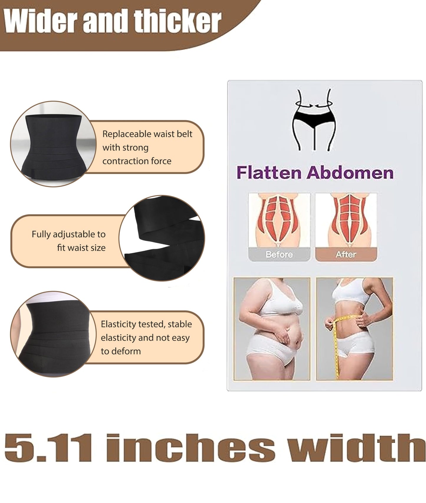 Waist Trainer for Women - Adjustable Postpartum Belly Wrap Tummy Control Bandage & Core Stability, Elastic Waist Trimmer Belt for Fitness, Daily Use, Black