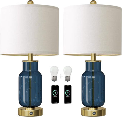 Oneach 22" Glass Table Lamps Set of 2, Blue Modern Bedside Lamp with LED Night Light for Living Room, Nightstand Lamp with USB Ports for Bedrooms, Study Room, End Table(2 Bulbs Included)