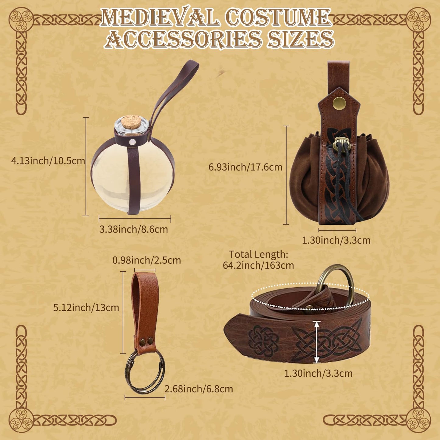 A ANGG Renaissance Belt, 5 Pcs Renaissance Accessories Women Medieval Belt Potion Bottle Corset Pouch Skirt Hike, Halloween Cosplay Costume Accessories（S Brown