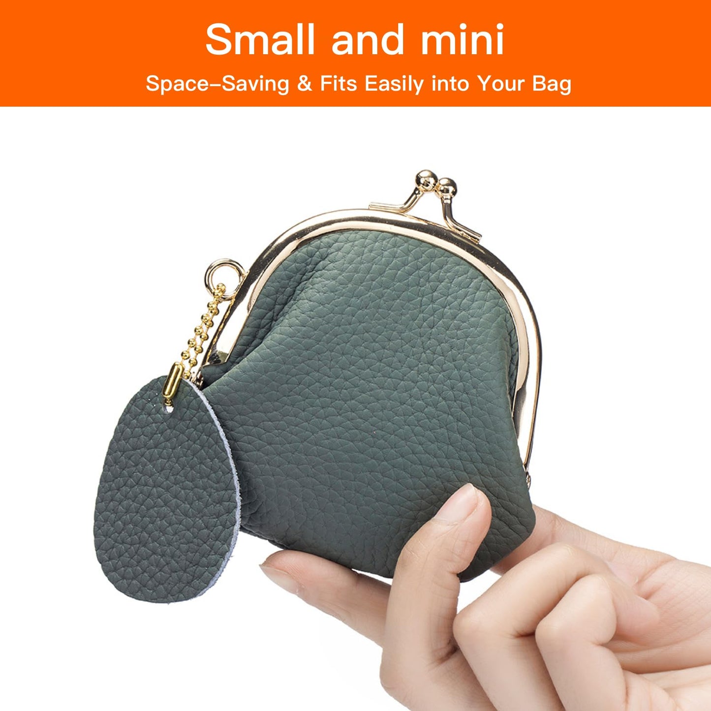 Leather Kisslock Coin Purse for Women, Compact Vintage Style Coin Pouch with Key Holder, Gift for Girls (Black)