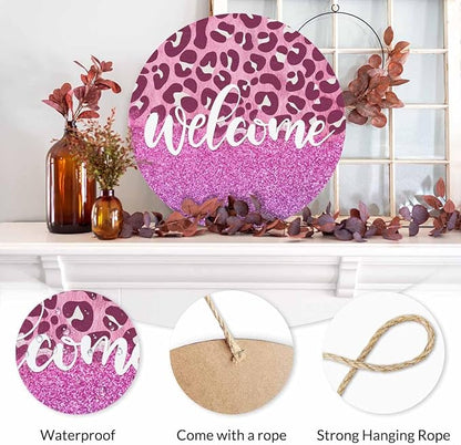 Welcome Sign Rustic Round Sign Front Door Wreaths Pink Leopard Print for Outdoor Indoor Wall Hanging Decorations 12x12in