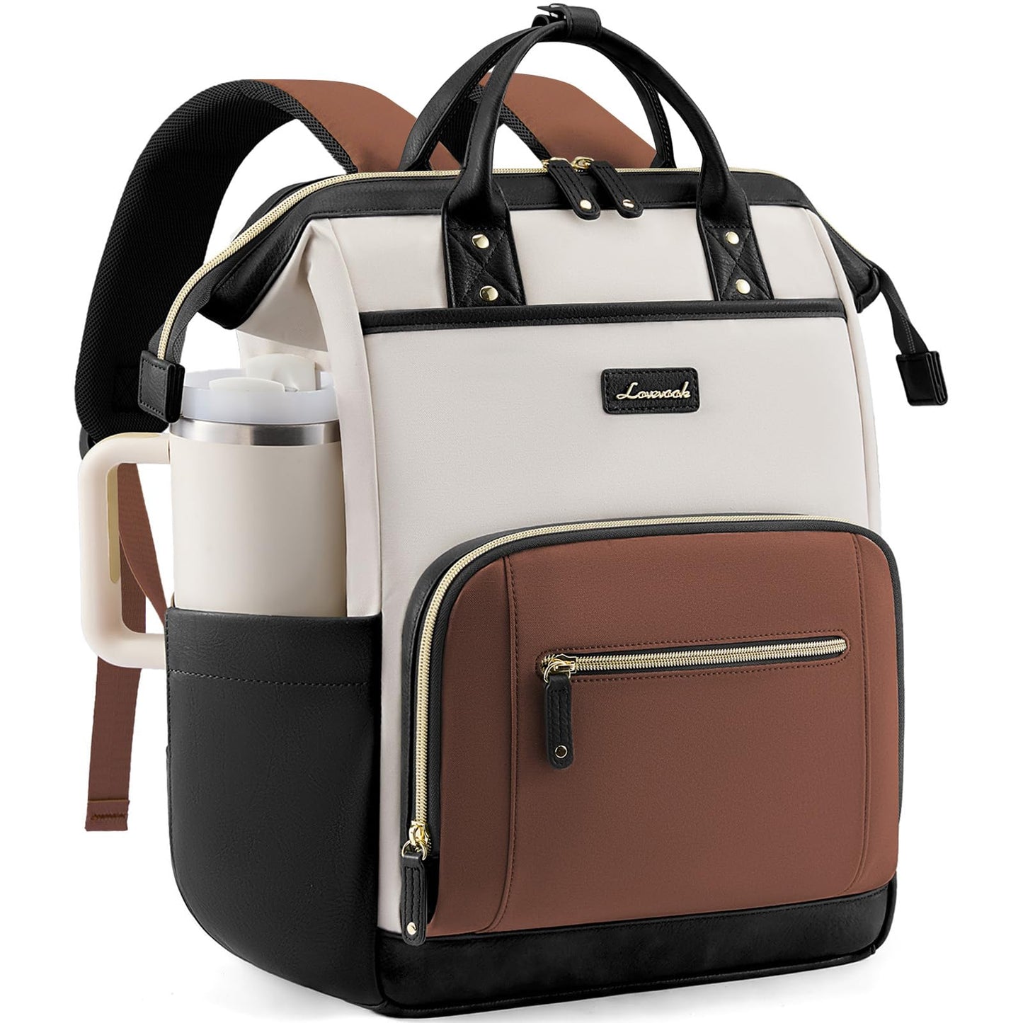 LOVEVOOK Laptop Backpack for Women with Giant Tumbler Holder,15.6 inch Professional Nurse Teacher Backpack Computer Laptop Bag,Cute Waterproof Travel Backpack Purse Work College Bag, Beige-Black-Brown