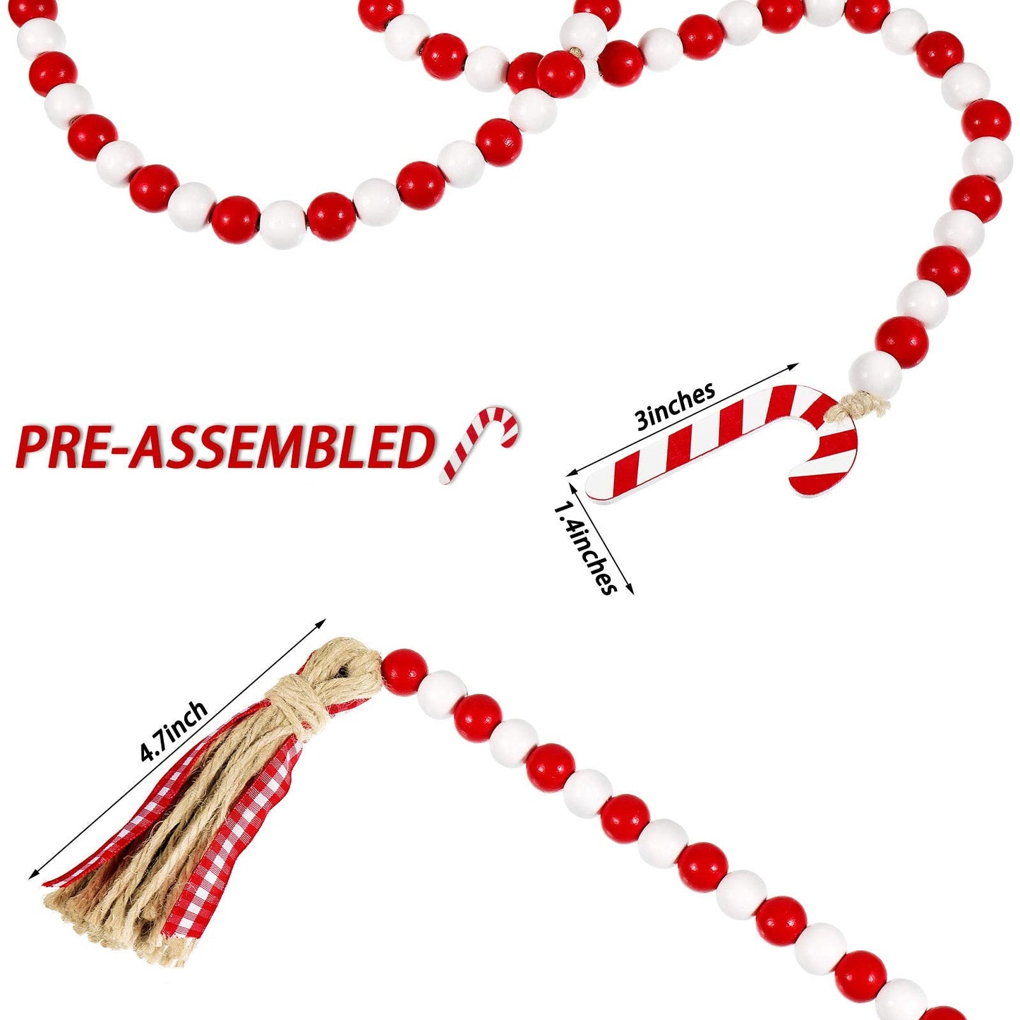 Chuangdi Christmas Wooden Bead Garland Wreath, 39 Inches Decorated with Candy Canes Tassels Wood Bead Garland for Christmas Tree Tiered Tray Decor Home Farmhouse Wall Hanging Ornaments(Red White)