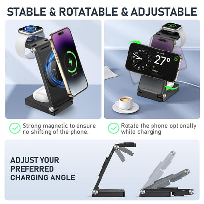 GEJIUCAI Magnetic Wireless Charger Stand, 3 in 1 Foldable Wireless Charging Station, Travel Charger for Multiple Devices for iPhone 16 15 14 13 12 Series, Apple Watch Ultra/9/8/7/6/5/4/3/2, AirPods