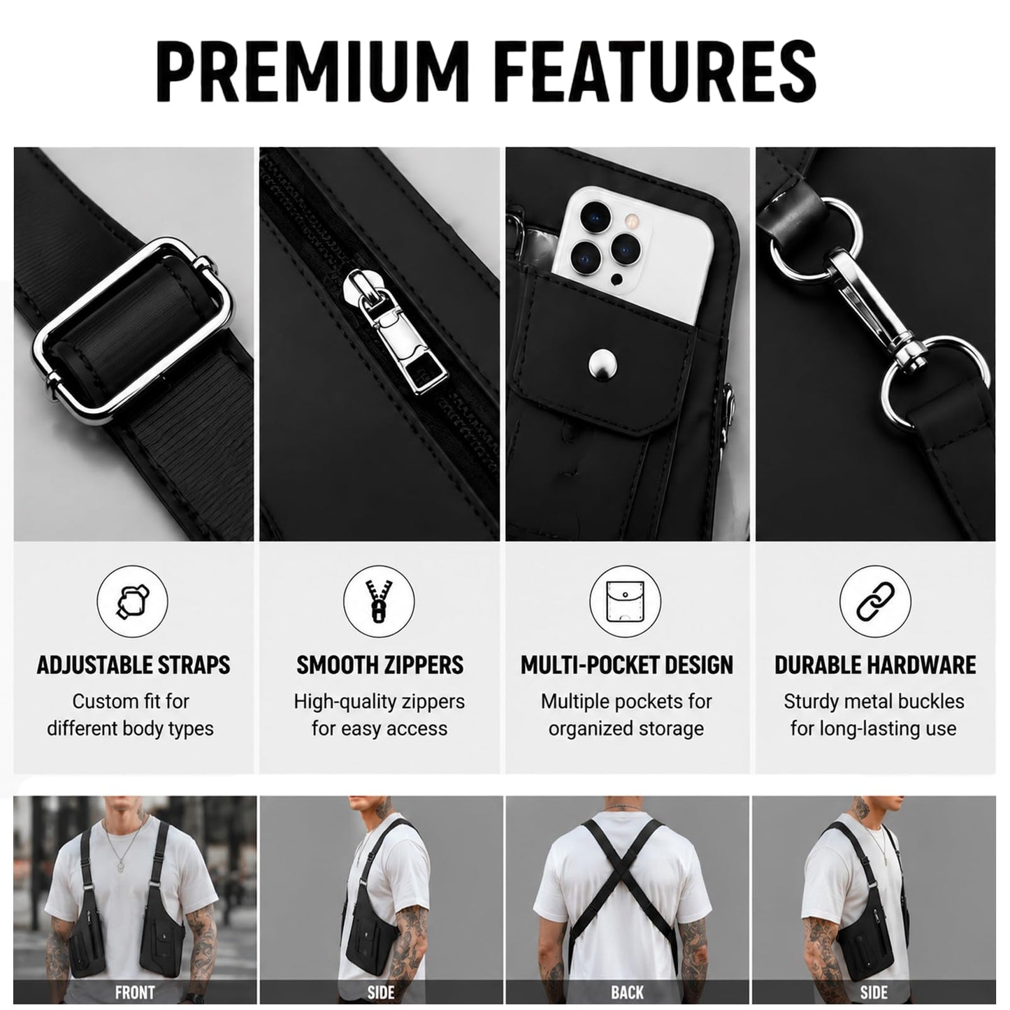 Adjustable Underarm Strap,Premium Leather Shoulder Bag for Men, Double Shoulder Bag Fashion Underarm Holster Wallet Adjustable PU Leather Waterproof Anti-Theft Harness for Men Father Gifts (Black)