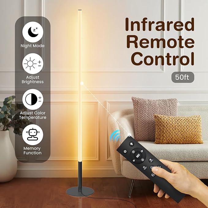 LED Corner Floor Lamp, Minimalist Dimmable Light with Remote, 2700-6500k Color Temperature Stepless Adjustable, 58 Inches Tall Standing Lamp for Living Room, Bedroom, Home Office, Black