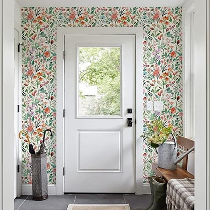 17.32"x118" Floral Wallpaper Peel and Stick Boho Textured Wall Paper for Bedroom Bathroom Renter Friendly Waterproof Pink Watercolor Modern Wallpaper for Kitchen Cabinet