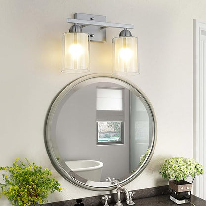 Stainless Steel Bathroom Vanity Light Over Mirror, 2 Light Brushed Nickel Bathroom Light Fixtures with Milk Glass and Clear Glass Shades, Modern Vanity Lighting Wall Mount