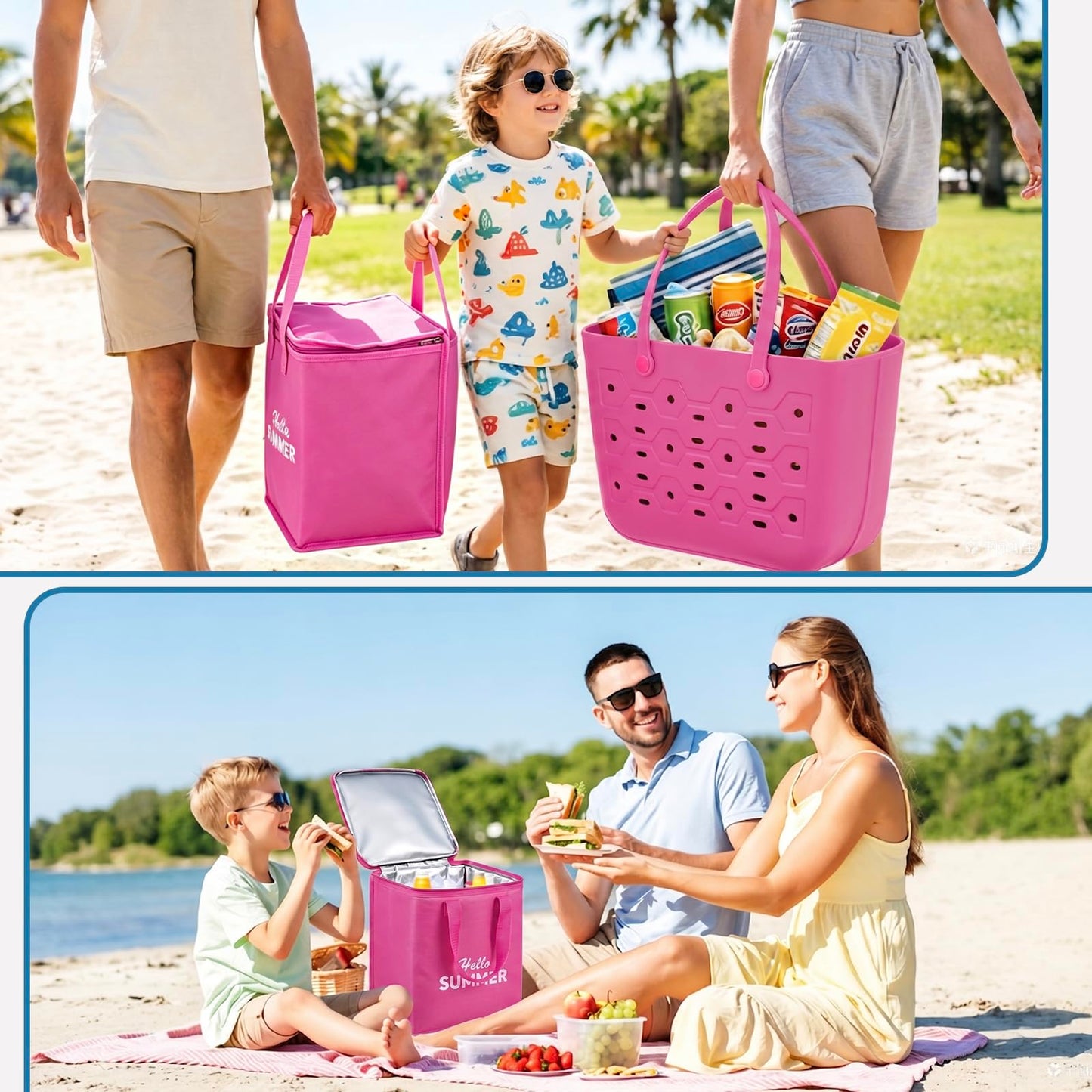PoVwlty Rubber Beach Tote Bag with Insulated Cooler Bag, Waterproof Sandproof Pool Bag for Beach, Pool, Travel- Perfect for Summer (ROSE - RED, Large)
