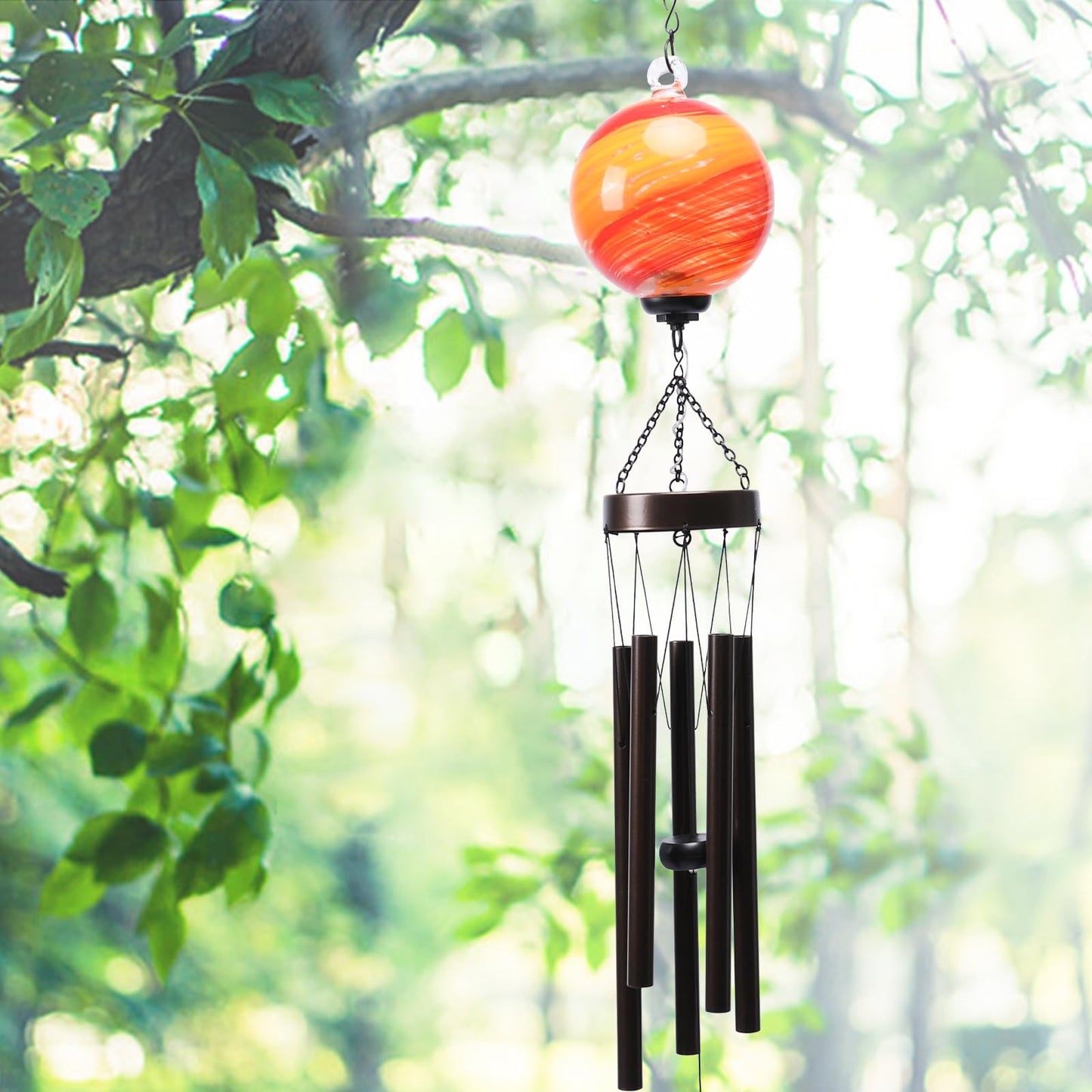 MUMTOP Solar Wind Chime for Outsides, 35" Glass Windchimes with Solar LED Lights Decorative Hanging Wind Bell for Porch Patio and Garden Decor, Orange