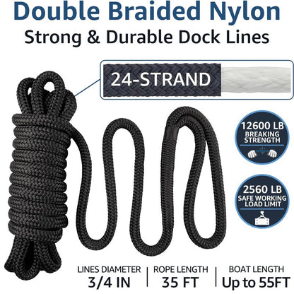 PACTHSD 2 Pack 3/4" x 35' Dock Lines - Marine Grade Nylon Boat Rope with 18" Loop for Docking and Mooring - Double Braided Boat Lines, High Strength, Easy Handling, Heavy Duty, Fray Resistant - Black