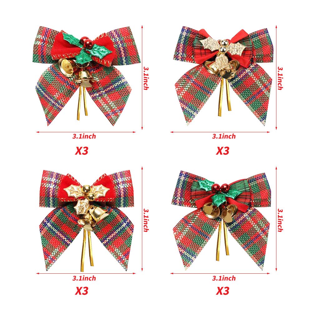 YBB 12 Pack Christmas Red Green Plaid Tree Bows, Linen Bowknot Wreath Bow with Jingle Bells for Christmas Garland Tree, Crafts, Wrapping, Wreath Xmas Hanging Ornaments Decor