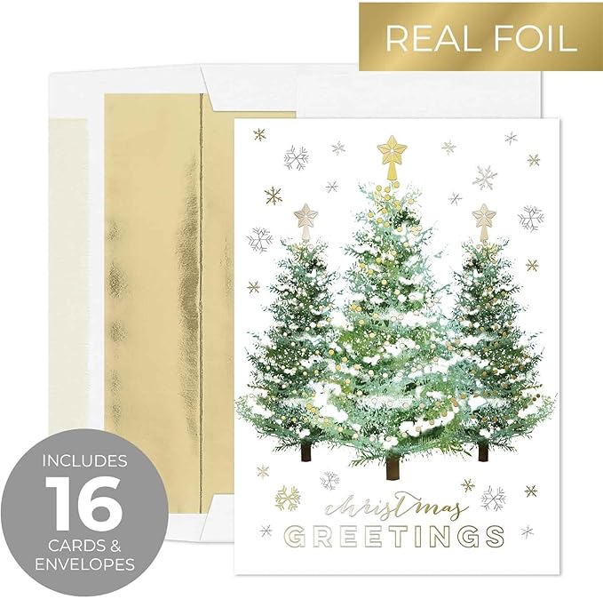 Masterpiece Gold Trimmed Trees Christmas Cards / 16 Boxed Seasons Greetings Holiday Cards Set With Coordinating Gold Foil Lined Envelopes / 5 5/8" x 7 7/8" Folded Winter Greeting Cards With Inside