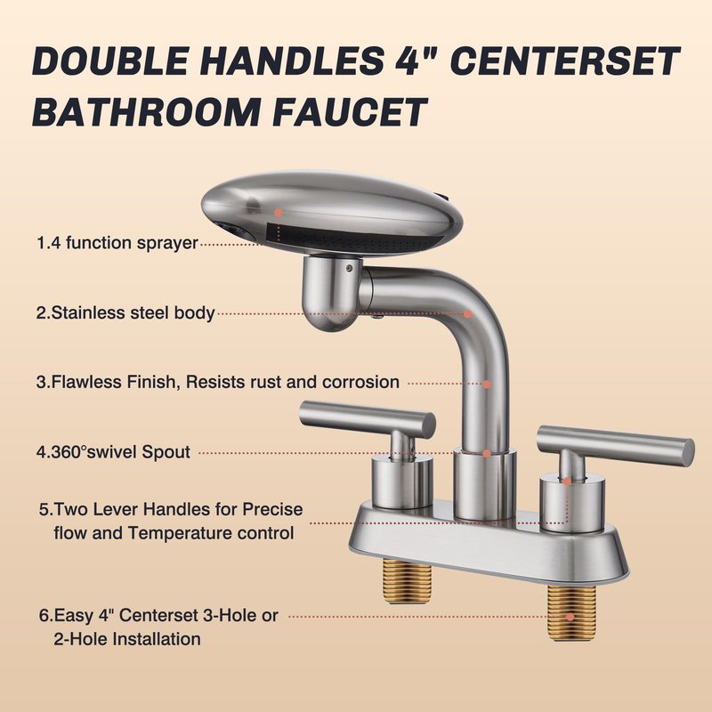 Bathroom Sink Faucet 3 Hole Brushed Nickel 4 Inch Centerset，4 Modes Waterfall Bathroom Faucet 2 Handle with 360° Swivel Spout & Pop Up Drain