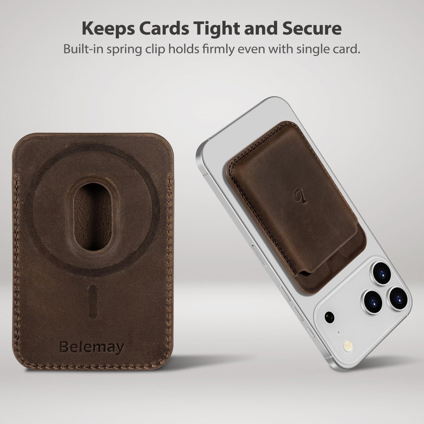 Belemay Minimal Wallet Compatible with Magsafe, Strong Magnetic Card Holder for 1-2 Cards, Vintage Crazy Horse Leather, Compatible with iPhone 17/16/15/14/13/12 Series and MagSafe Cases, Rustic Brown