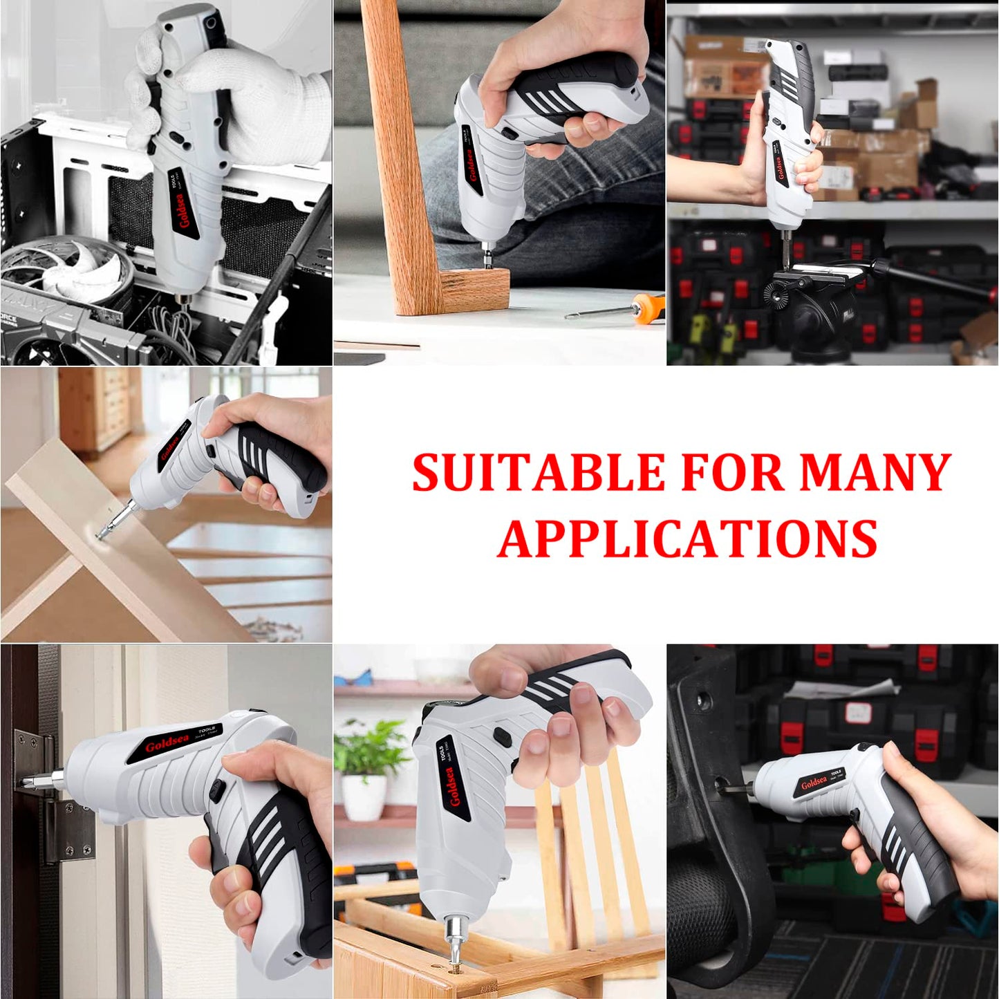 Electric Screwdriver Cordless, Goldsea Powered Screwdriver Set with 10 Magnetic Bits tool kit for college students,Portable Rechargeable Screw driver Tool Set for Dorm Home DIY(4.2v, 3.5n.m, White)