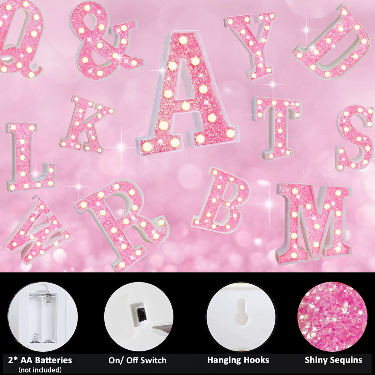 Pink Light Up Letters, Glitter Alphabet Letter Sign Pink LED Marquee Letter Lights Battery Powered for Night Light Girls Bedroom Birthday Party Wedding Home Christmas Decorations Gift for Her-Pink &
