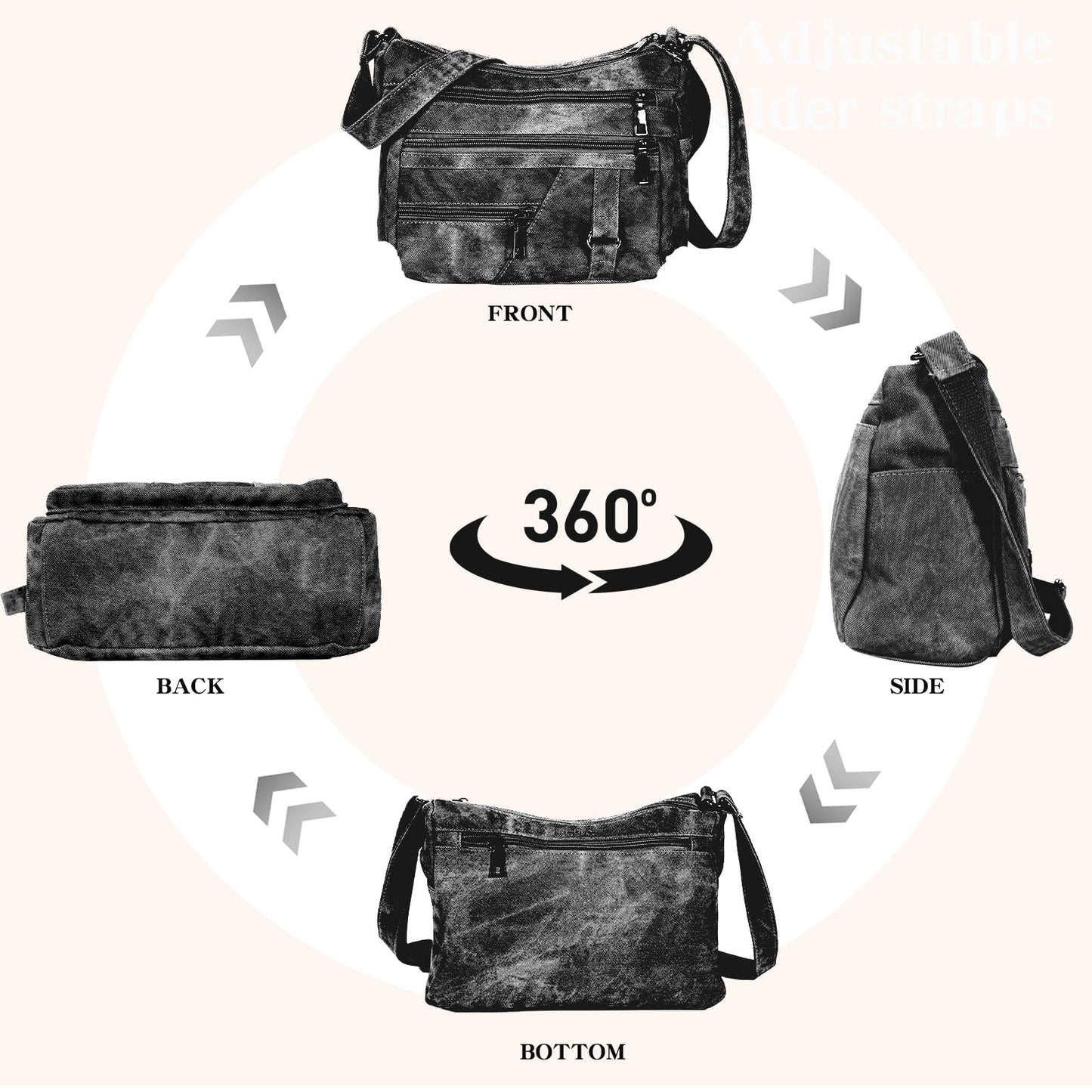 ELDA Crossbody Purse for Women Shoulder Bag Multi-Pockets Black Handbag Messenger Bag Trendy Travel Pocketbooks