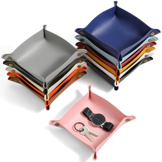 PercyEffie 24PCS Valet Tray Bulk, PU Leather Jewelry Tray for Men Women Folding Travel Storage Dish Plate Key Tray Entryway Desk Organizer for Phone, Keys, Glasses, Coin, Wallet, Earphone(12 Colors)