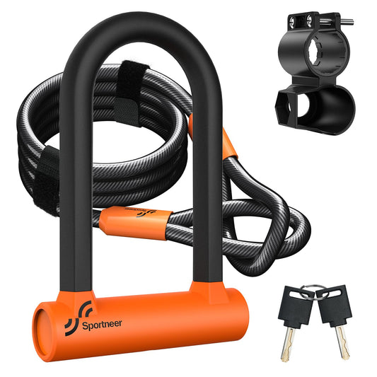 Sportneer Bike U Lock - Heavy Duty Anti Theft Bike Lock with 5ft Security Steel Cable - 17mm Shackle Bicycle U-Locks with Keys & Sturdy Mounting Bracket for Road, Mountain, Electric Bike - Orange