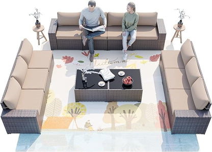 ALAULM 12 Pieces Outdoor Patio Furniture Set Sectional Sofa Sets Brown PE Rattan Patio Conversation Set w/10 Sand Seat Cushions and 2 Coffee Tables