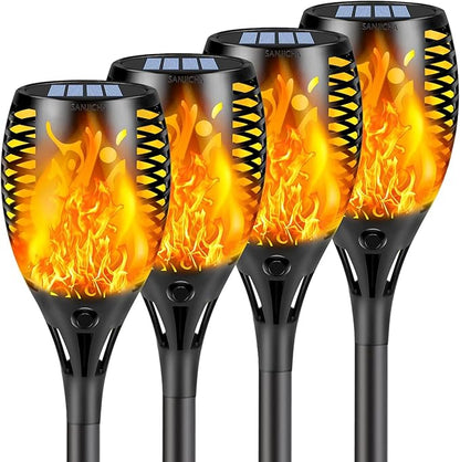 SANJICHA 4 Pack Super Larger Size Solar Flame Torch Extra Bright Tiki Lights Outdoor Decorative with Flickering Flame, Solar Outdoor Lights Waterproof Lamps for Outdoor use Garden Pathway Yard