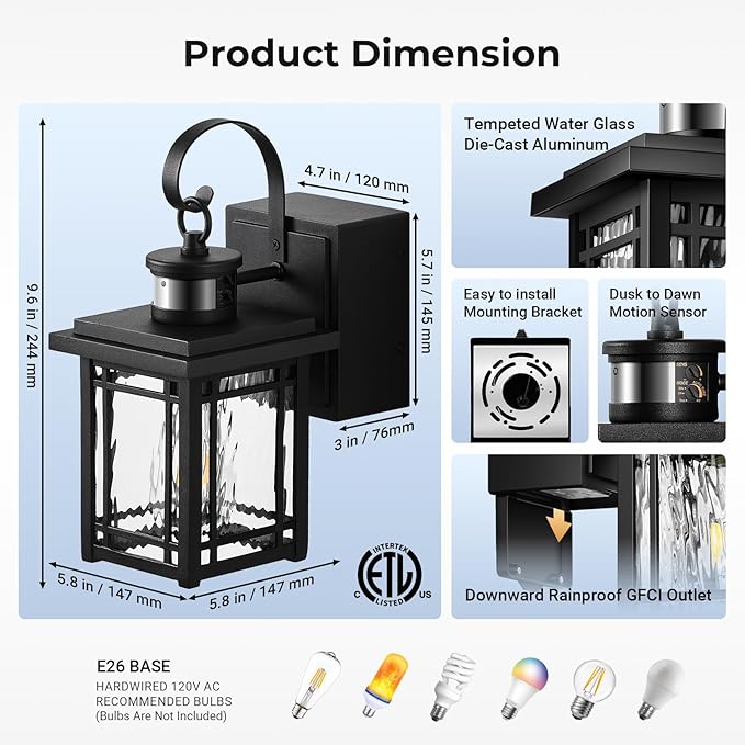 Outdoor Porch Light with GFCI Outlet, Motion Sensor Outdoor Light Fixtures Wall Mount, Black Exterior Wall Sconce Lantern with Ripple Glass, Anti-Rust Coach Lights for Garage, Patio, Front Door