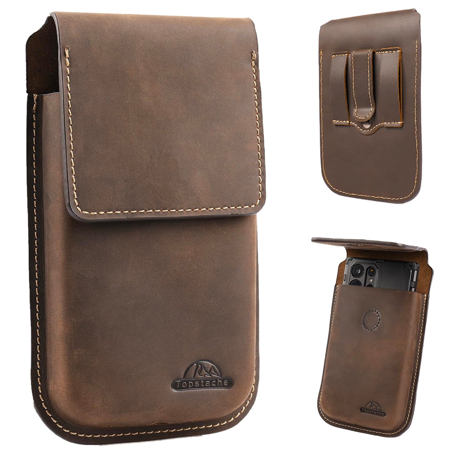 Topstache Leather Phone Holster - Belt Clip Leather Belt Pouch for iPhone 17/16/15 Pro Max & Plus - Magnetic Closure Flip Cell Phone Case for Galaxy S25/S24/S23 Ultra & Plus, XL,Darkbrown