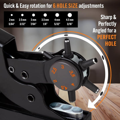 Pro-Master Desktop Leather Hole Puncher - Belt Hole Puncher for Leather with Tabletop Base - One Hand Use, Heavy Duty Carbon Steel, 6 Rotary Sizes 2-4.5mm for Watch Band, Shoes, Bag Strap & Crafts
