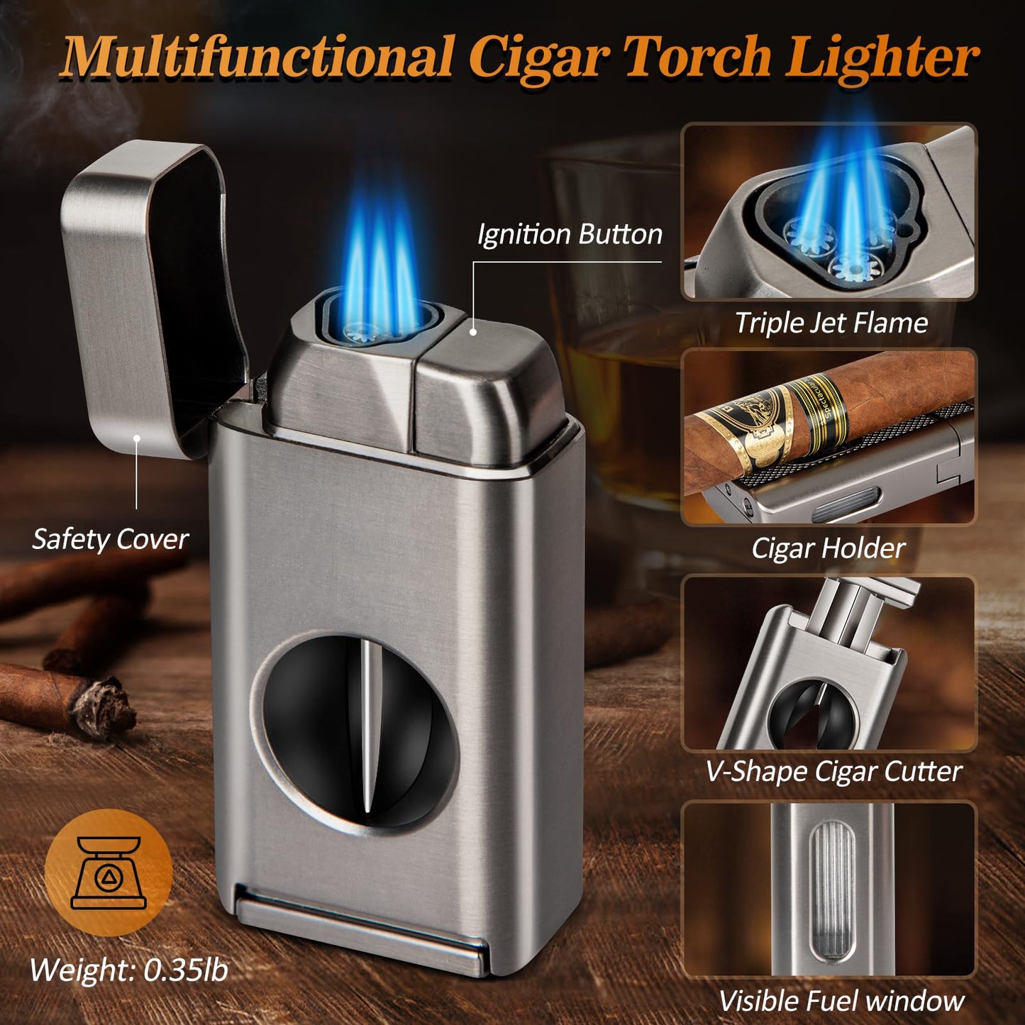 Usewire Cigars Humidor, Travel Cigar Humidor Case, Cedar Wood Double Layer Cigar Box with Built-in Humidifier, Glass Top Cigar Humidor with Cigar Lighter, Cigar Accessory Gift Set for Men(No Butane)