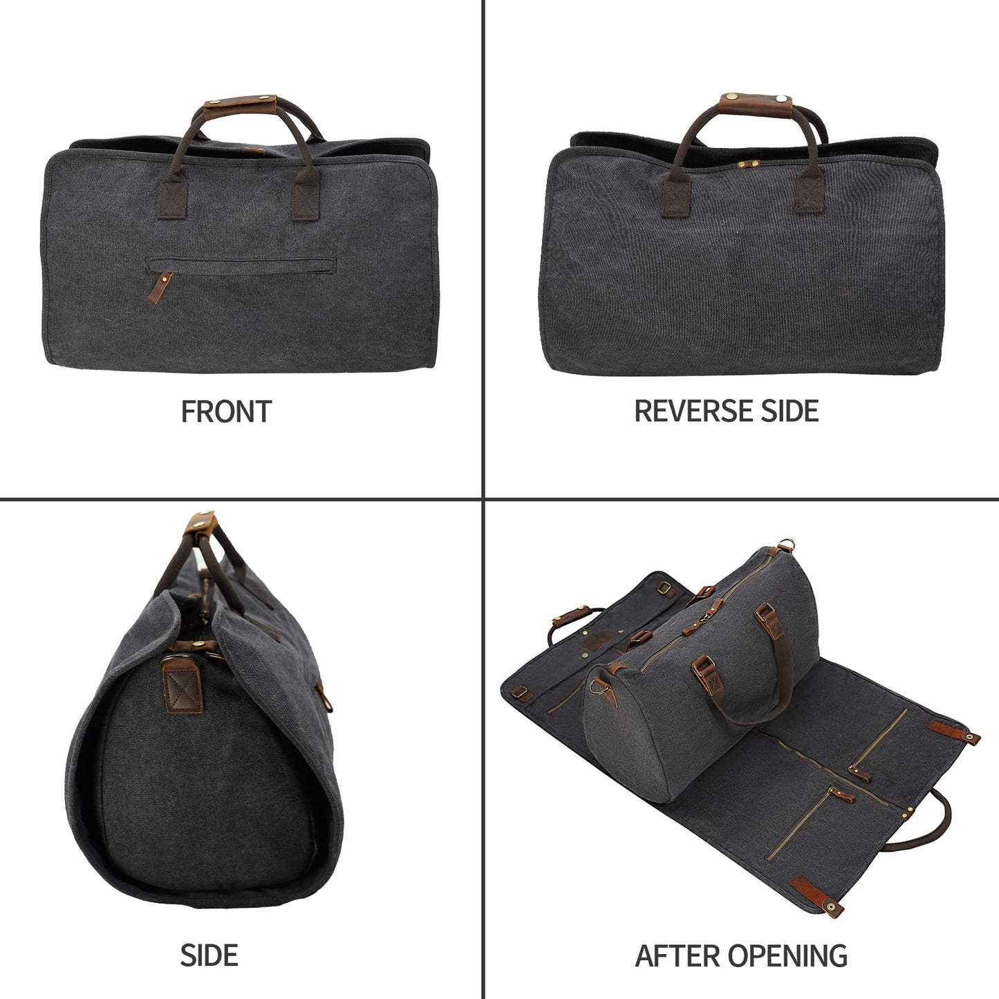 2 in 1 Suit Garment Duffle Convertible Carry-on Bag With Canvas Leather Shoulder Strap for Travel, Business Trips, Storage - Hangding Suit, Clothes, Dresses, Shoes (Black)