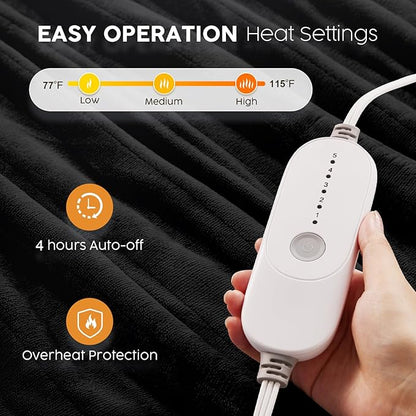 HYLEORY Heated Electric Blanket Twin 62"x84" Soft Fleece & Flannel with 5 Heating Levels & 10 Hours Timer Auto Shutt Off, ETL Certified, Washable，Heated Blanket for Body-Black