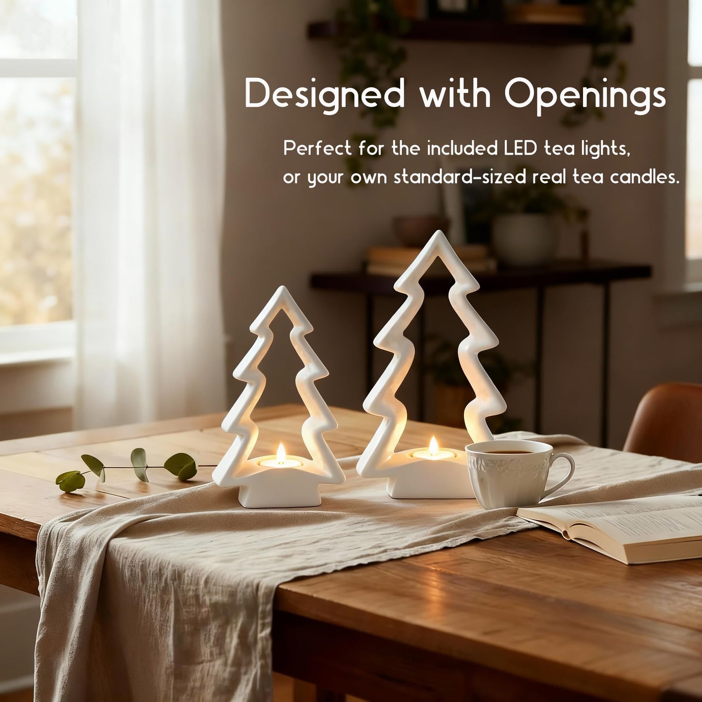 Mokof 2 Pcs White Ceramic Christmas Tree with LED Tea Lights & Remote Control, Farmhouse Tabletop Christmas Decorations Indoor for Mantle, Fireplace, Shelf Winter Holiday Home Decor (9.5" H & 7.5" H)